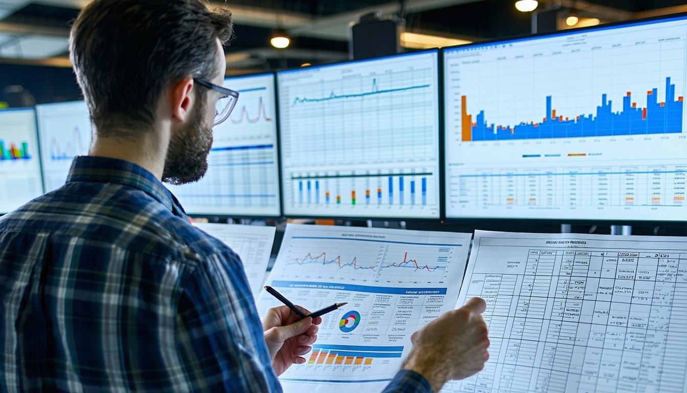 Data analyst reviewing electrical grid performance charts.