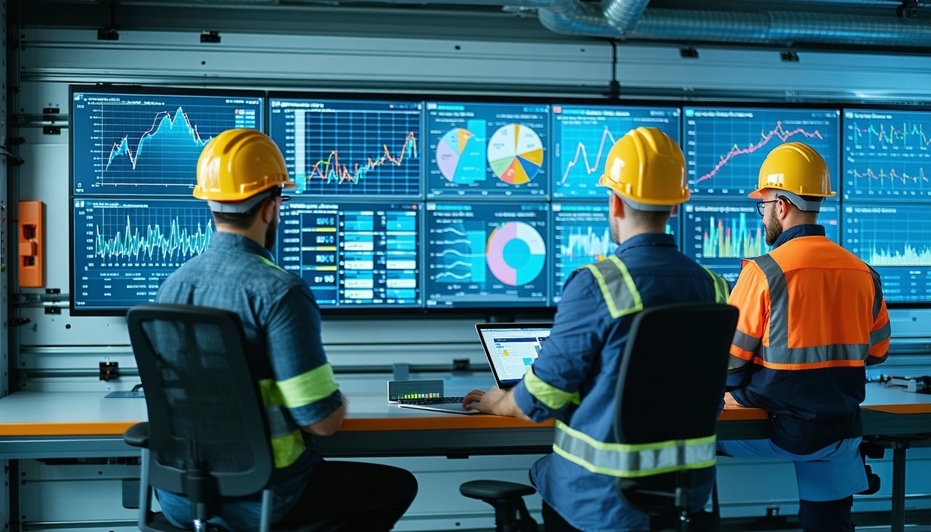 Consultants collaborating with utility operators using digital dashboards.
